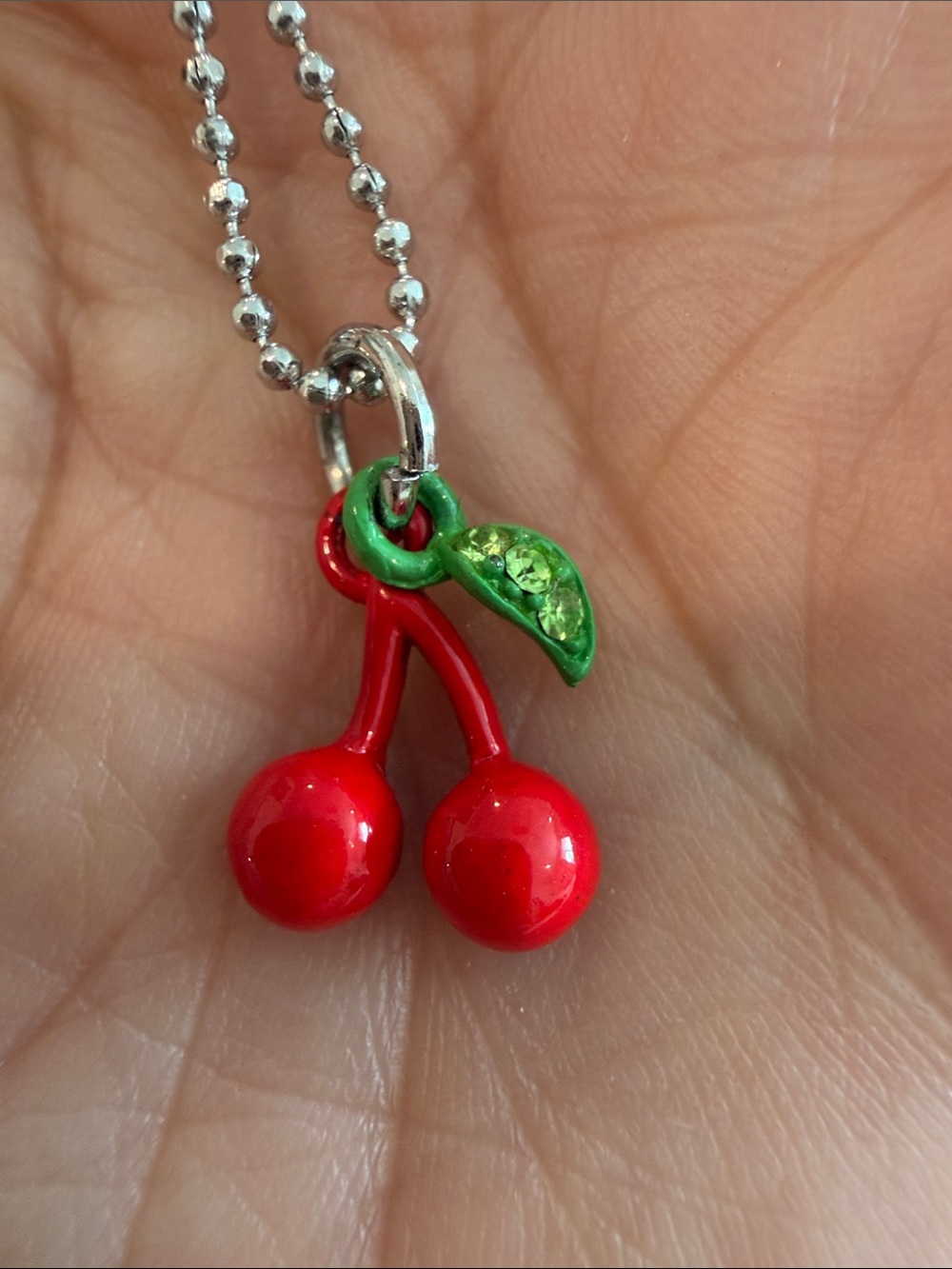 Red Cherry Pendant Necklace with Green Leaf Accent